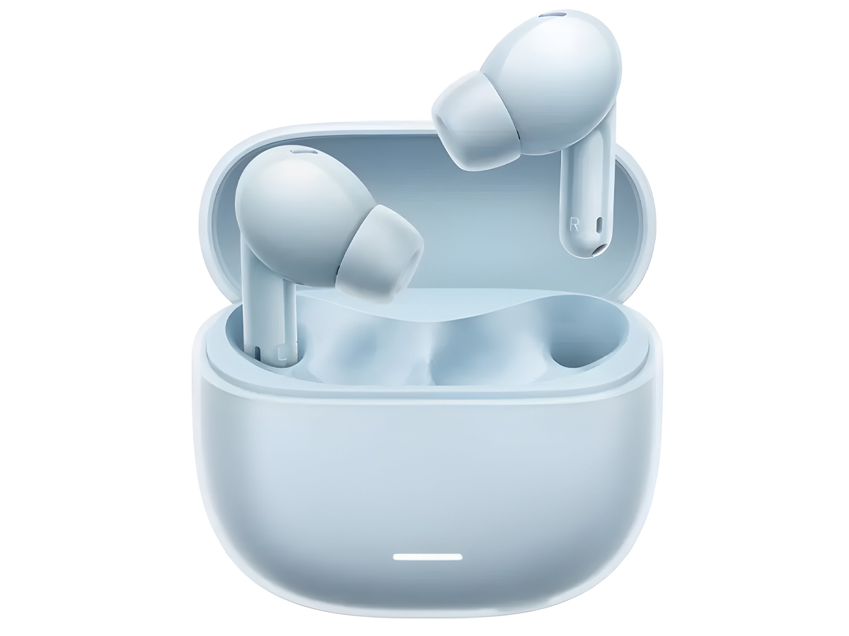 Xiaomi Redmi Buds 6 Lite Niebieskie - Widok od przodu wraz z otwartym etui ładującym