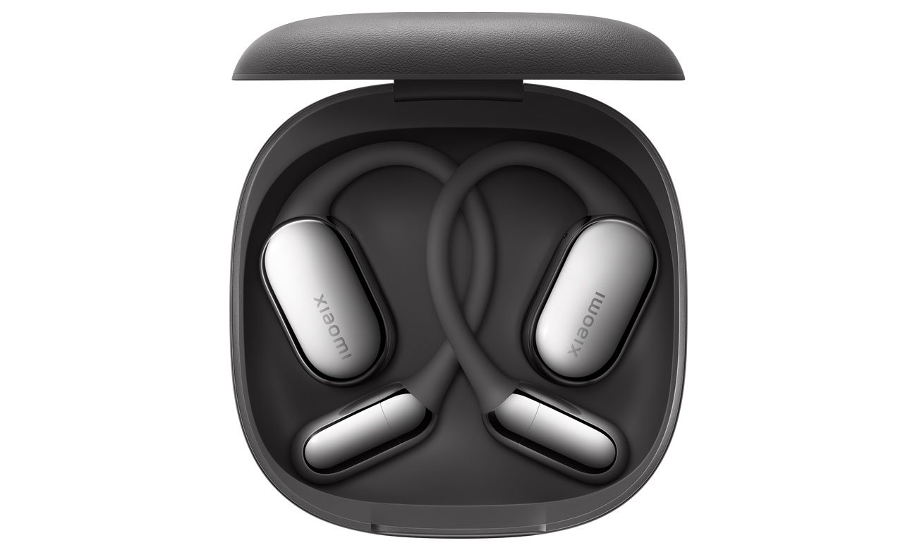 Słuchawki bezprzewodowe Xiaomi OpenWear Stereo Pro Graphite Black - Widok od góry wraz z otwartym etui ładującym