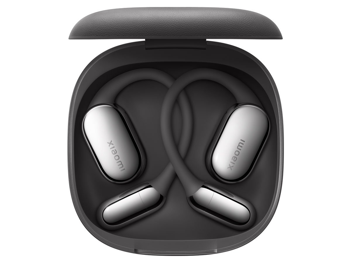 Słuchawki bezprzewodowe Xiaomi OpenWear Stereo Pro Graphite Black - Widok od góry wraz z otwartym etui ładującym