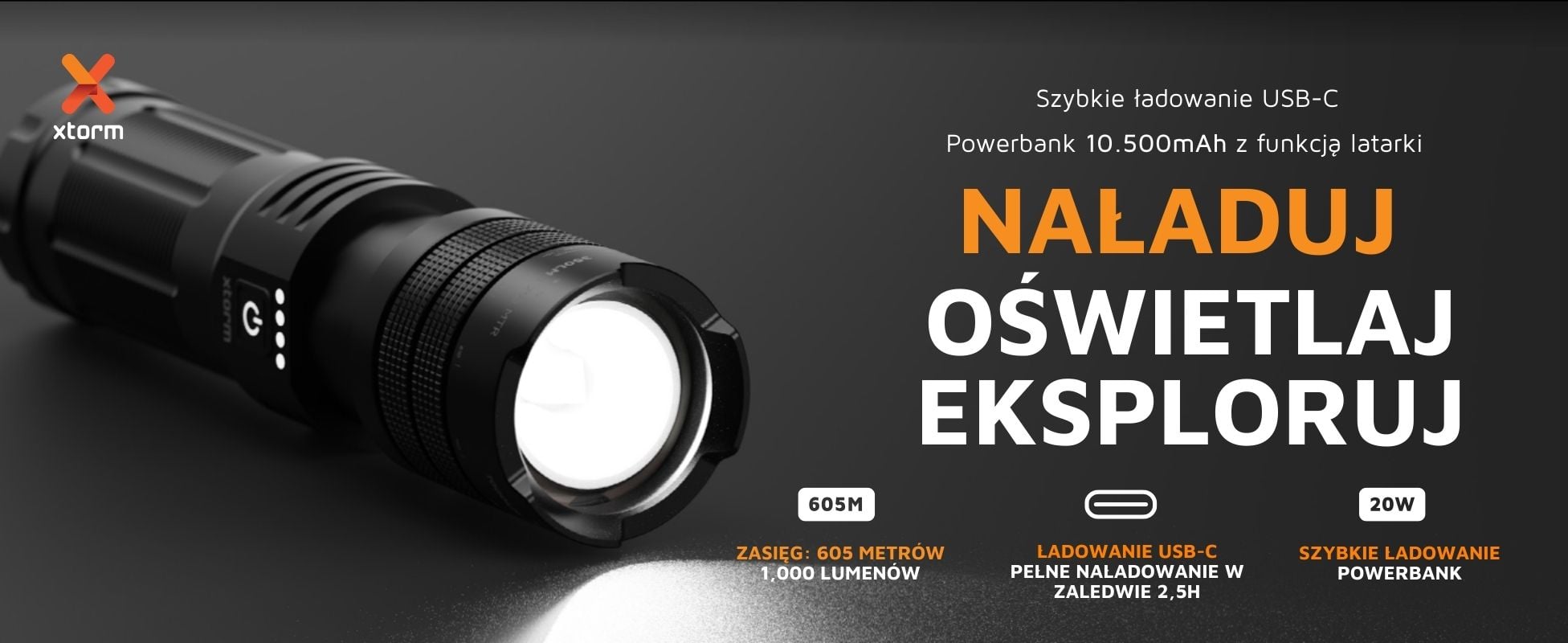 XTORM Powerbank 10.500mAh z funkcją latarki