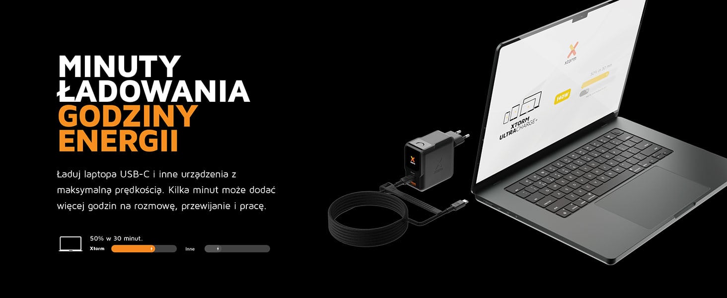 Szybkie ładowanie laptopa przez Xtorm 140W NextGen Wall Charger