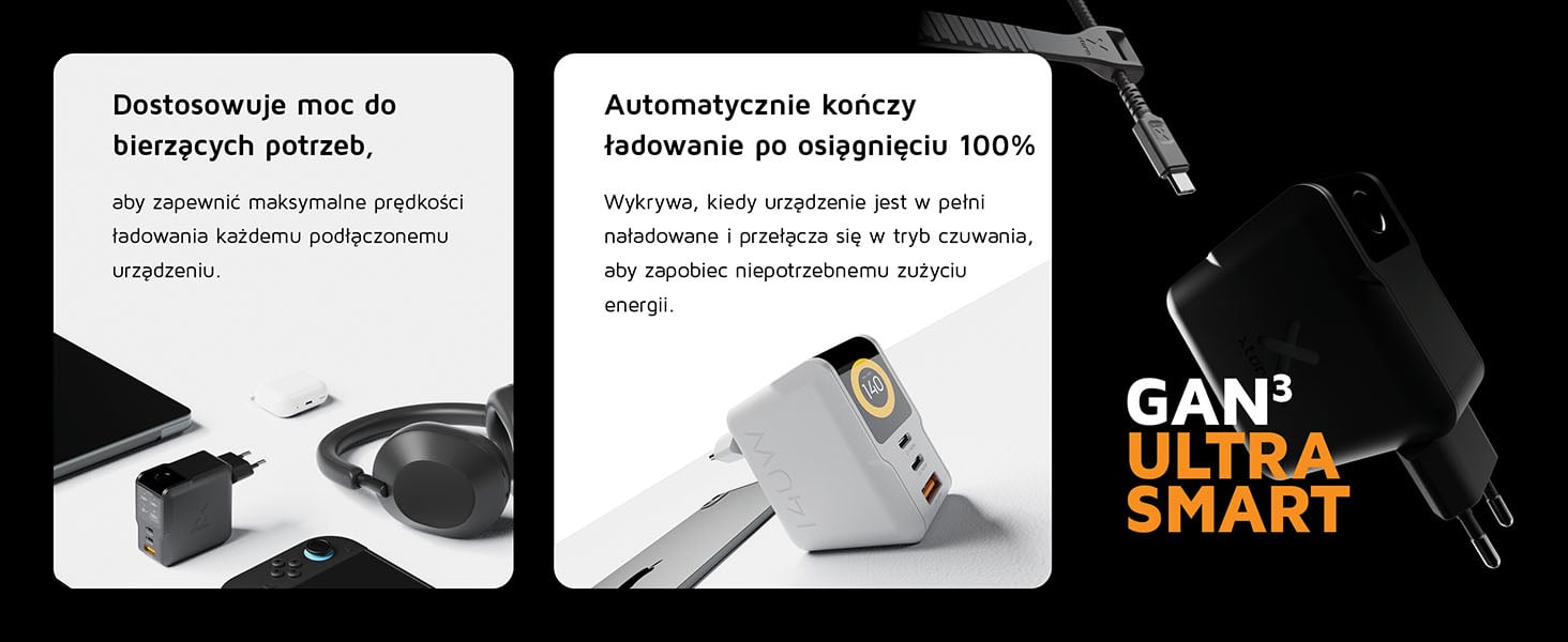 Inteligentne dopasowanie mocy i tryb czuwania ładowarki Xtorm XECNG140x