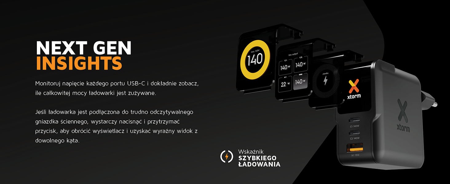Widoki inteligentnego ekranu Xtorm XECNG140x z informacjami o ładowaniu