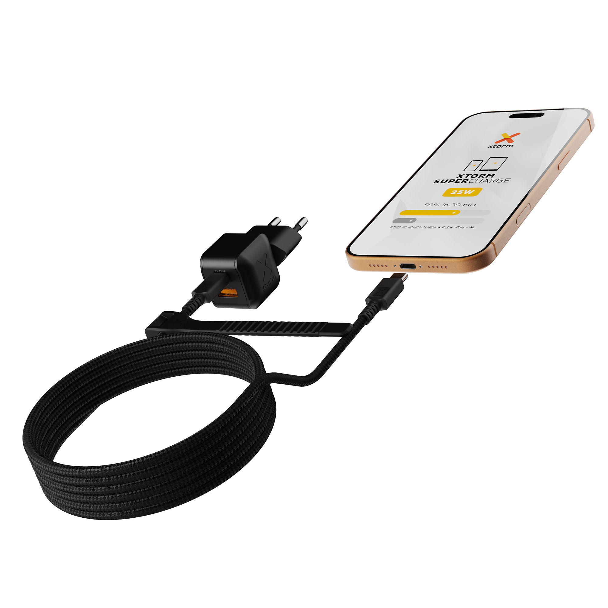 Czarna ładowarka Xtorm XECNG251 szybko ładująca smartfon przewodem USB-C