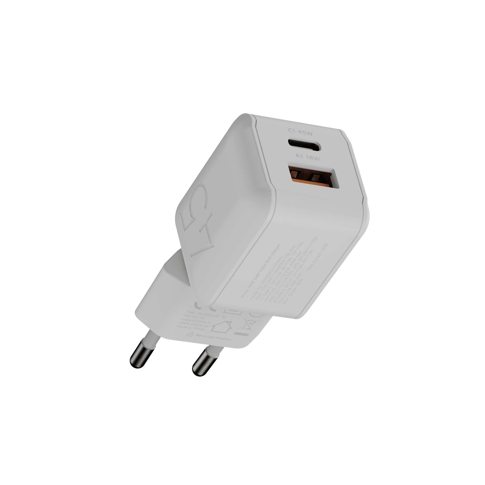 Kompaktowa biała ładowarka Xtorm XECNG450 z portami USB-C i USB-A