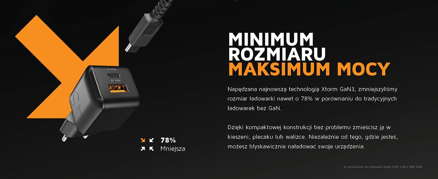 Kompaktowa konstrukcja GaN3 czarnej ładowarki Xtorm XECNG451