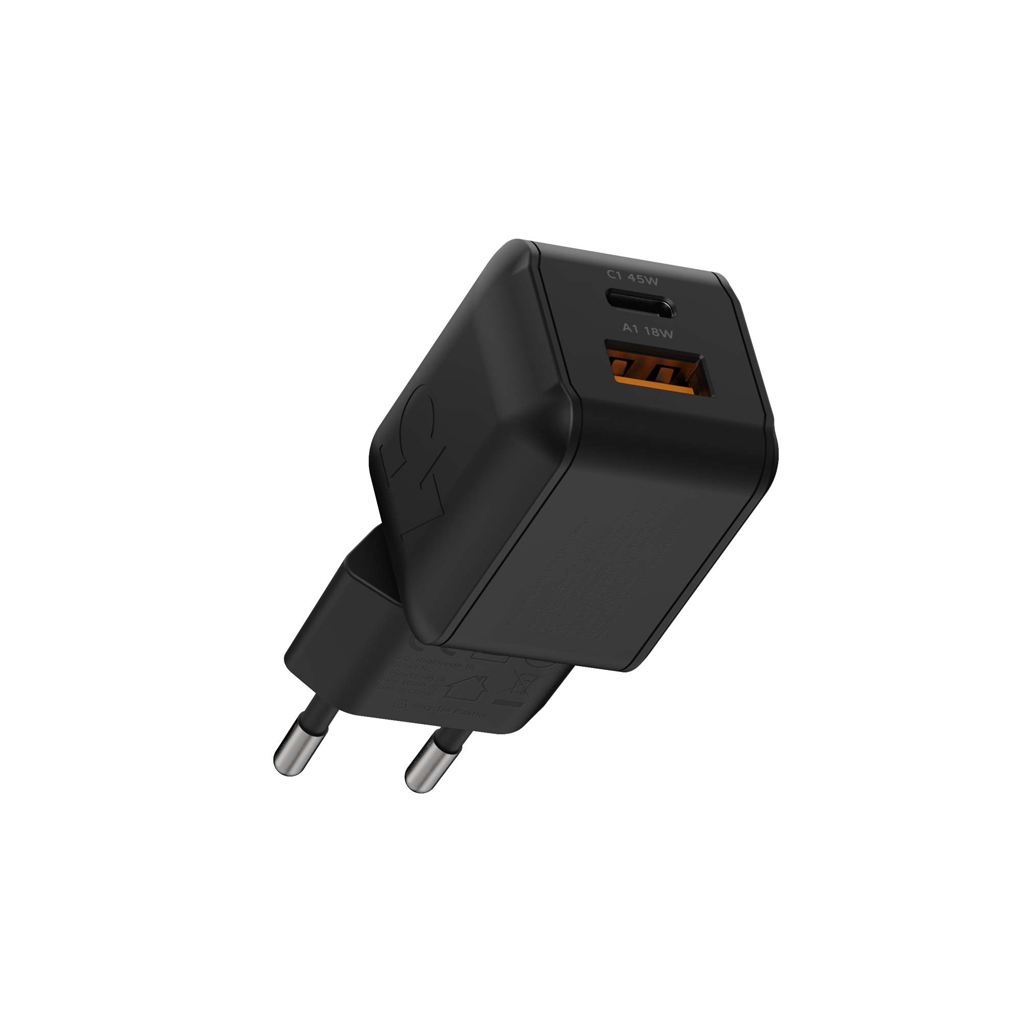 Kompaktowa czarna ładowarka Xtorm XECNG451 z portami USB-C i USB-A
