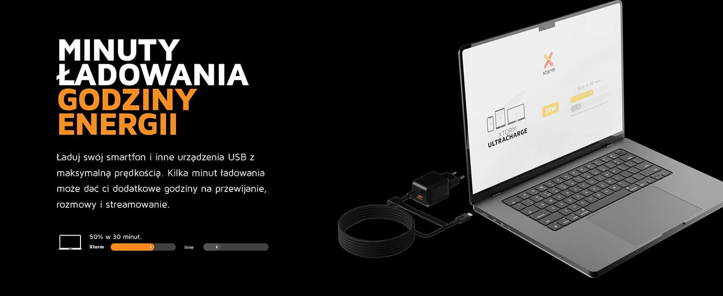 Szybkie ładowanie laptopa przez białą ładowarkę Xtorm XECNG700
