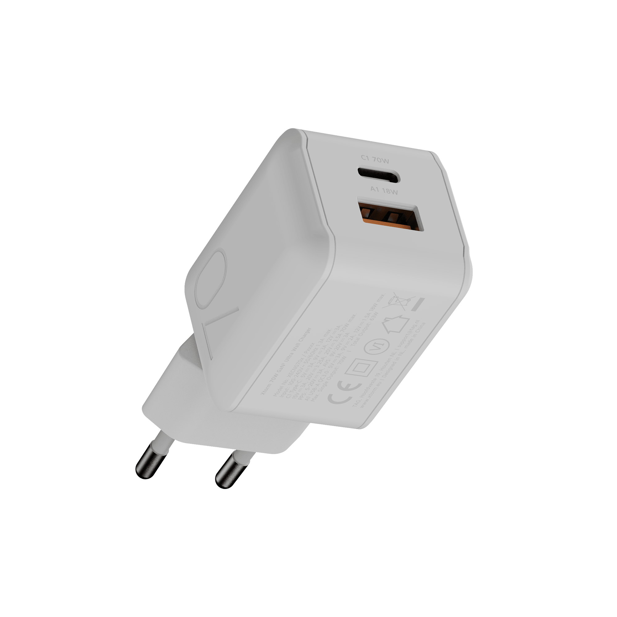 Kompaktowa biała ładowarka Xtorm XECNG700 z portami USB-C i USB-A