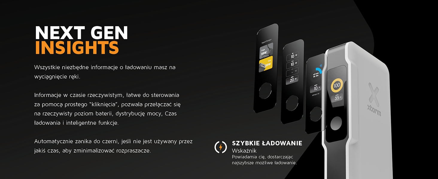 Inteligentny wyświetlacz powerbanku Xtorm XNG100W35 pokazuje poziom baterii, moc i czas ładowania