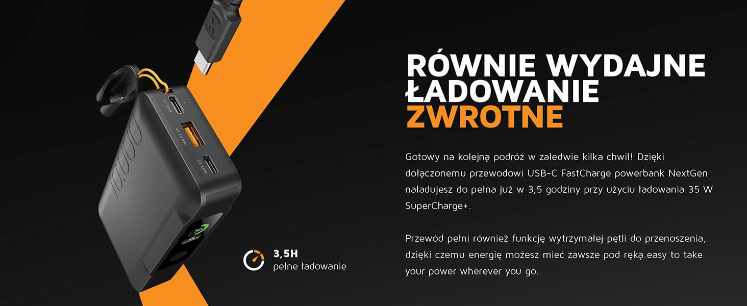 Powerbank Xtorm XNG100W35 ładuje się do pełna w około 3,5 godziny z mocą 35 W