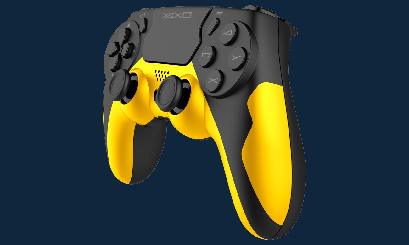 Kontroler YAXO HORNET FURY Solar Yellow - Widok od przodu pod kątem, grafika z tłem