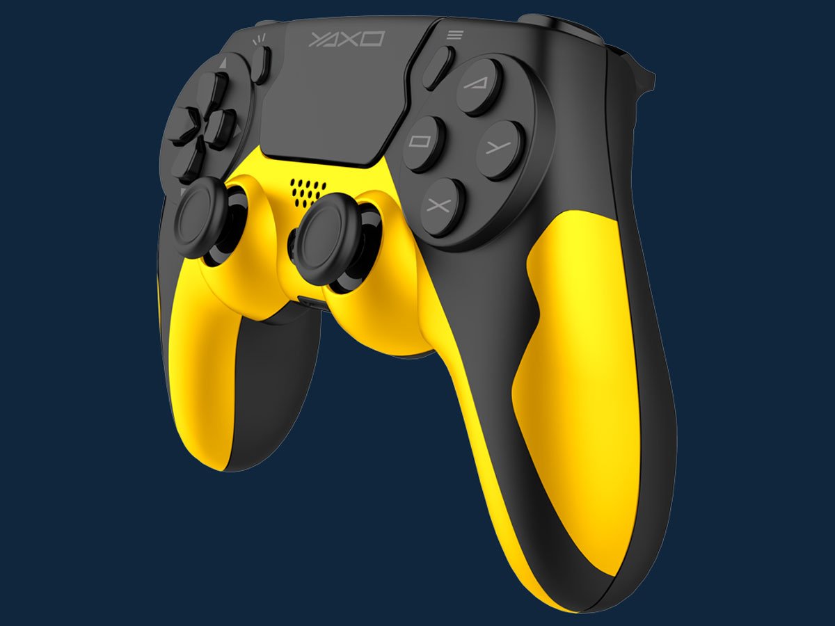 Kontroler YAXO HORNET FURY Solar Yellow - Widok od przodu pod kątem, grafika z tłem