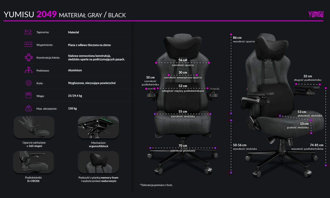 Fotel gamigowy Yumisu 2049 Ciemnoszaro-czarny Tkanina - Infografika z cechami i wymiarami