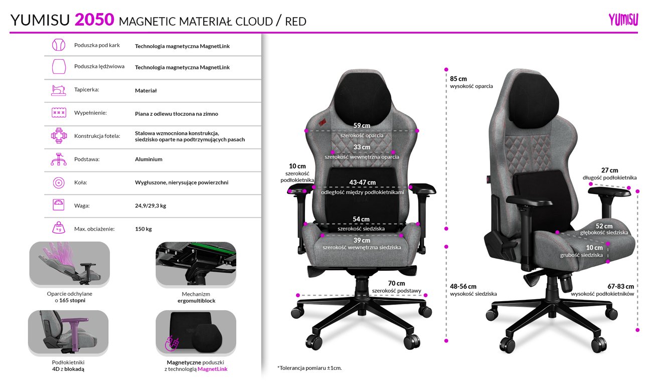 Fotel gamingowy Yumisu 2050 Magnetic Jasnoszaro-Czerwony (Tkanina) - Grafika ze specyfikacją i wymiarami