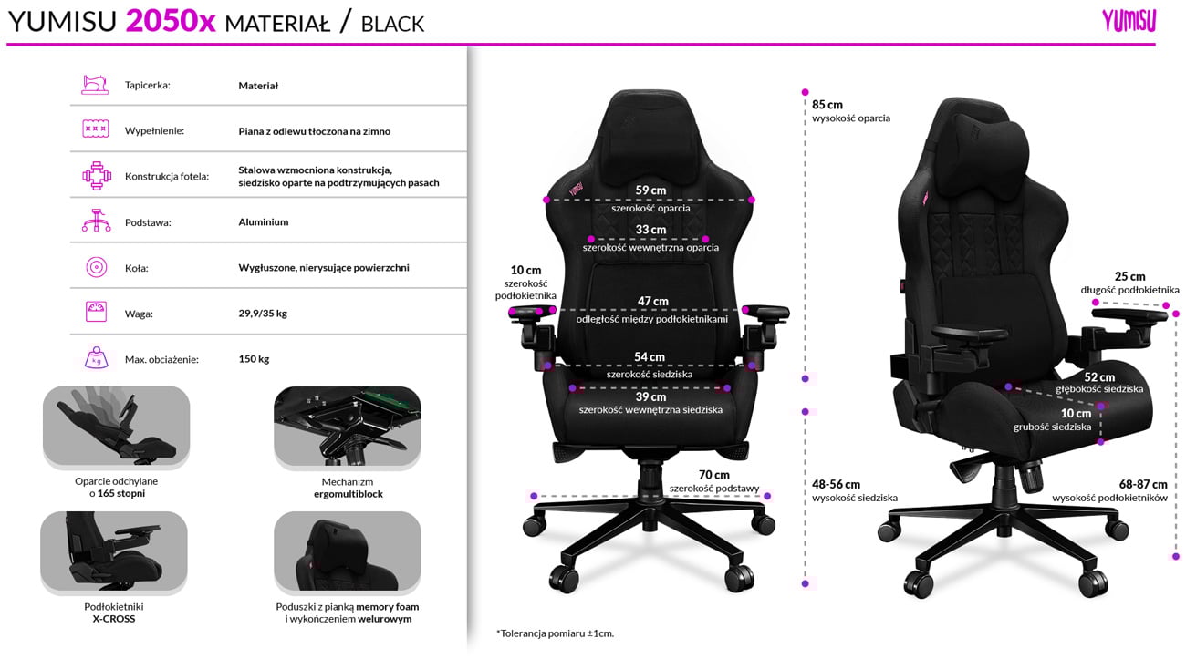 Fotel gamingowy Yumisu 2050X (Czarny) Tkanina - Infografika z cechami i wymiarami