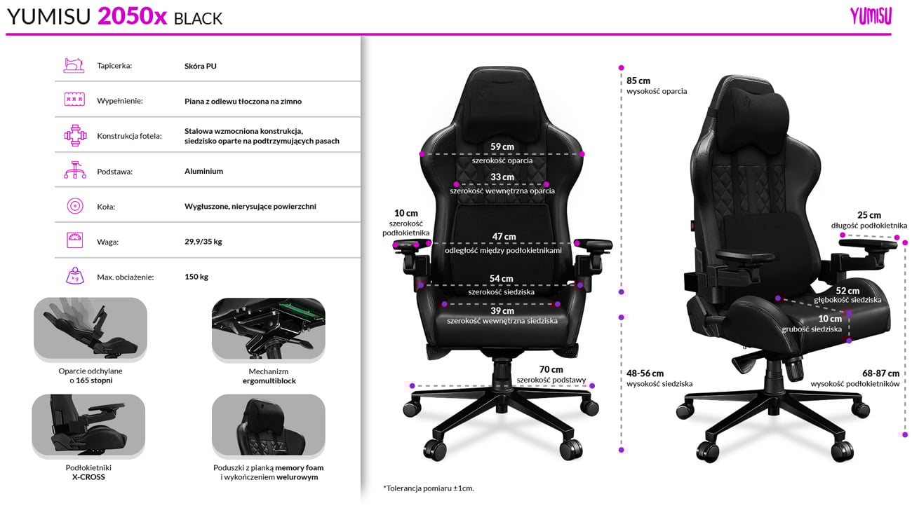 Fotel gamingowy Yumisu 2050X Skóra Czarny - Infografika z cechami i wymiarami