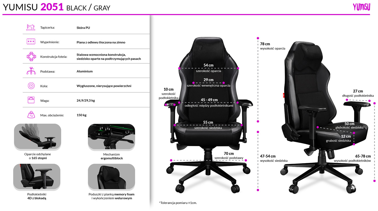Fotel gamingowy Yumisu 2051 Czarno-szary - Infografika z cechami i wymiarami