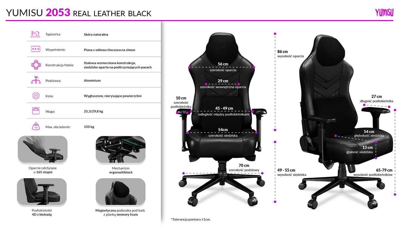 Fotel gamingowy Yumisu 2053 Real Leather Czarny - Infografika z cechami i wymiarami
