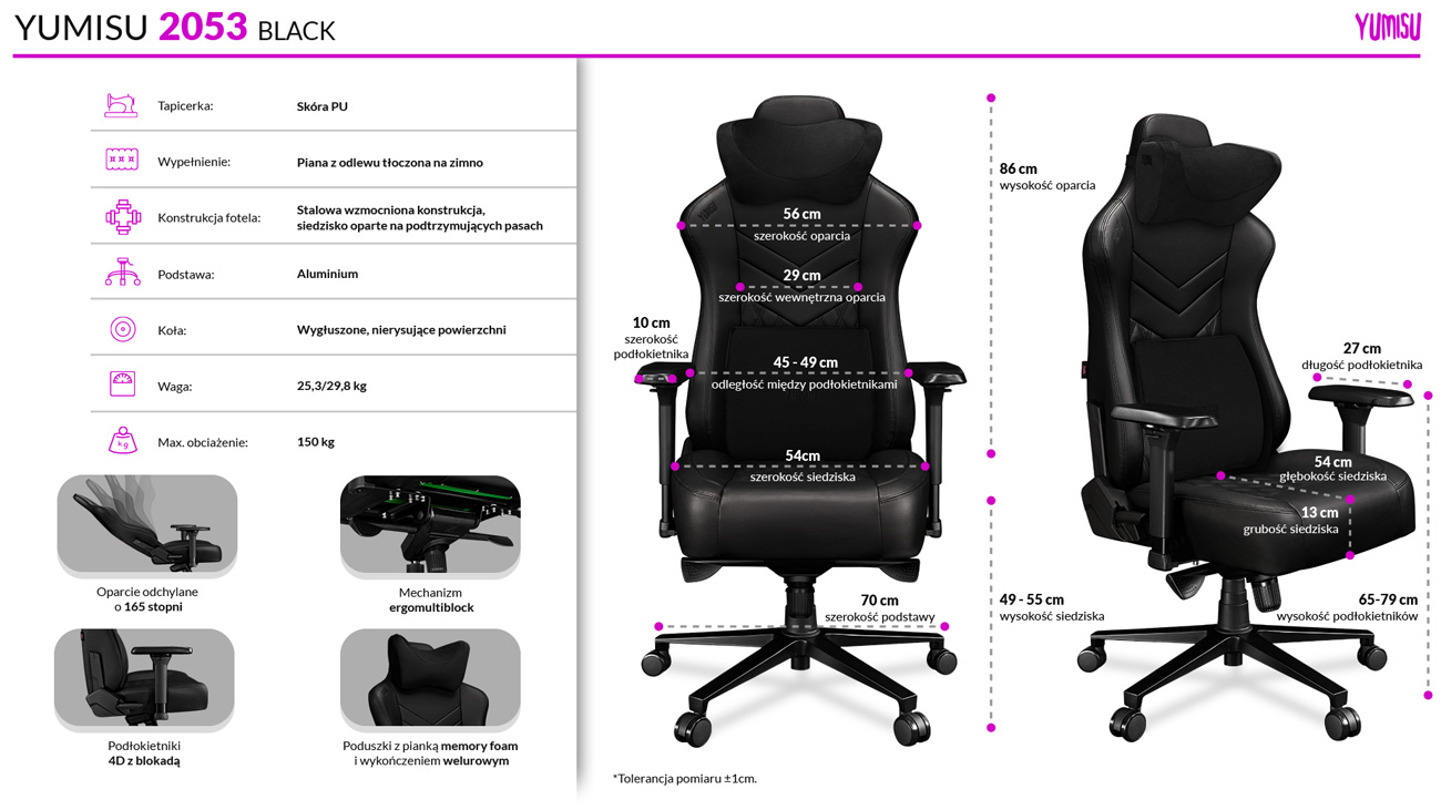 Fotel gamingowy Yumisu 2053 Tkanina Czarny - Infografika z cechami i wymiarami