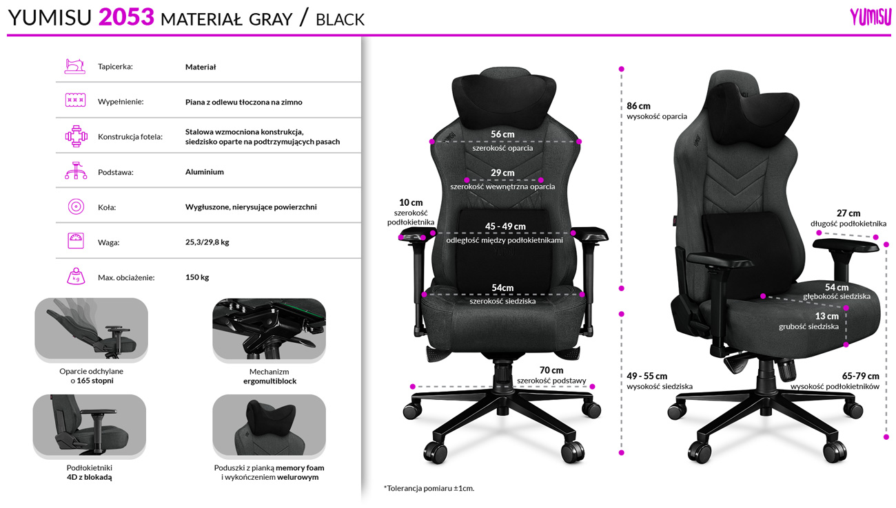 Fotel gamingowy Yumisu 2053 Tkanina Ciemnoszaro-czarny - Infografika z cechami i wymiarami