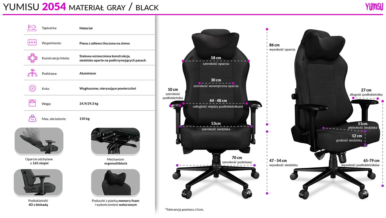 Fotel gamingowy Yumisu 2054 Ciemnoszaro-czarny Tkanina - Infografika z cechami i wymiarami