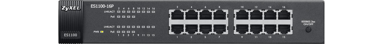 Switch Zyxel ES1100-16P-EU0102F Widok z przodu, złącza