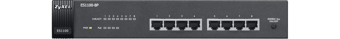 Switch Zyxel ES1100-8P-EU0102F Widok z przodu, złącza