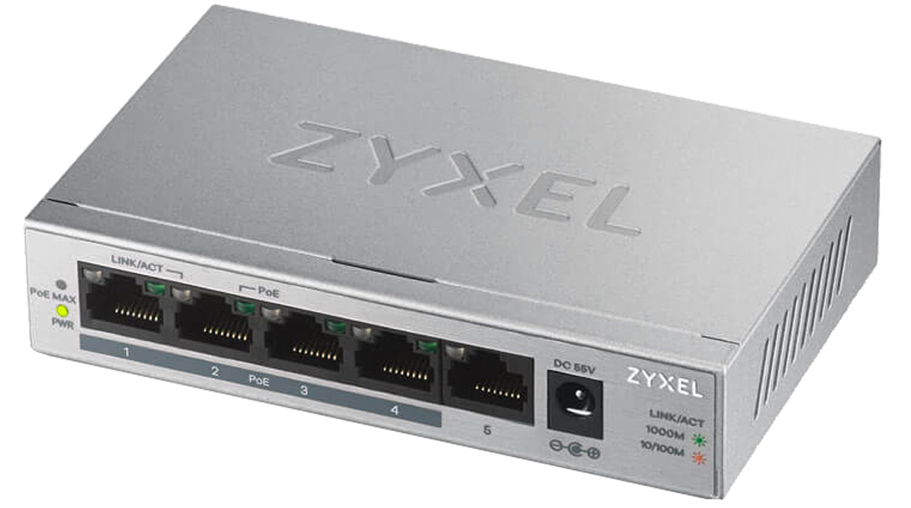 Switch Zyxel GS1005HP (5x10/100/1000Mbit PoE+) - Widok od przodu i lewego boku