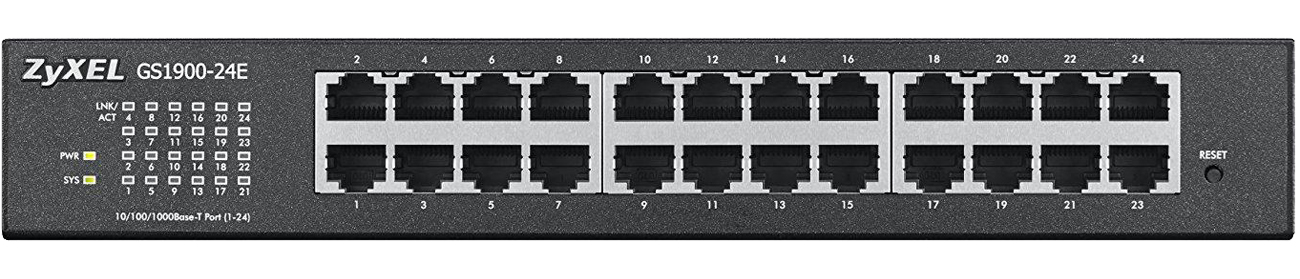 Switch Zyxel 24p GS1900-24E widok z przodu porty