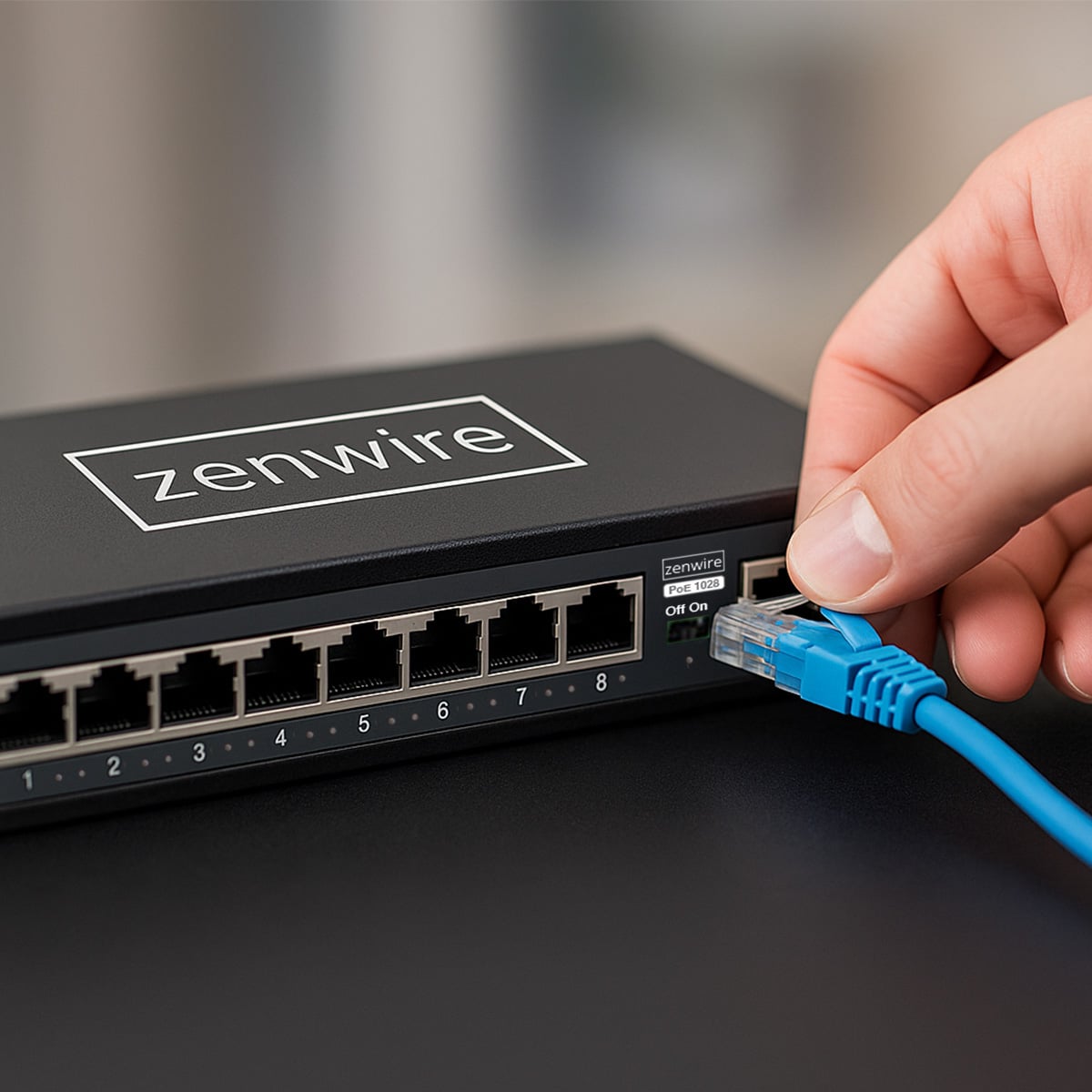 Podłączanie przewodu Ethernet do switcha PoE Zenwire 1028