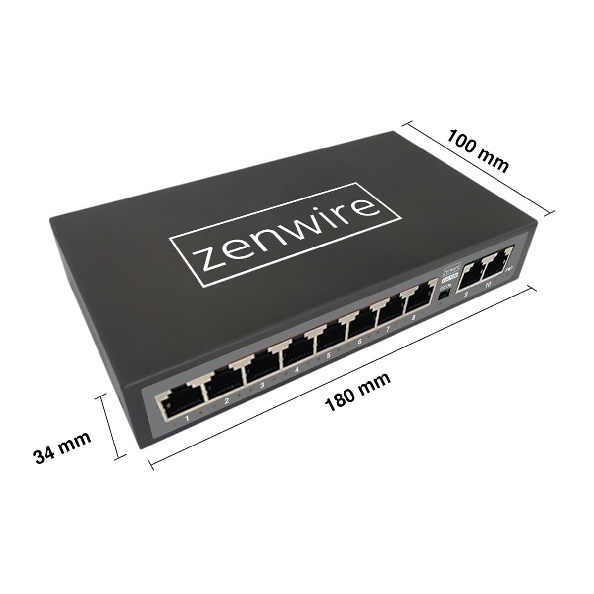 Wymiary switcha PoE Zenwire 1028 180 x 100 x 34 mm