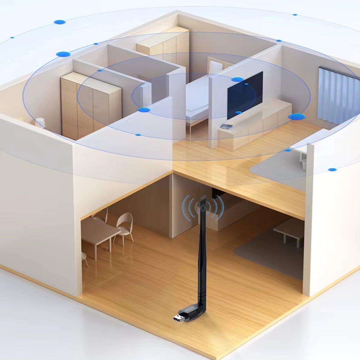 Zasięg adaptera WiFi Zenwire WD-AX301 z anteną zewnętrzną