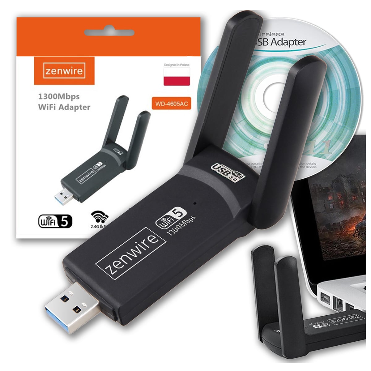 Adapter WiFi USB Zenwire WD-4605AC wraz z zestawem