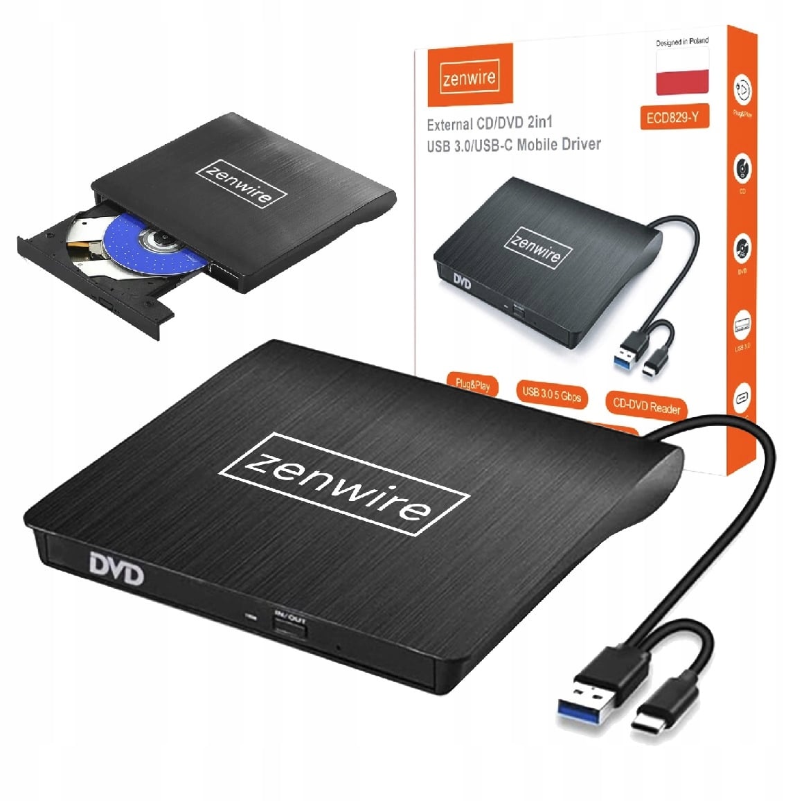 Zewnętrzny napęd CD DVD Zenwire ECD829-Y USB-C USB 3.0