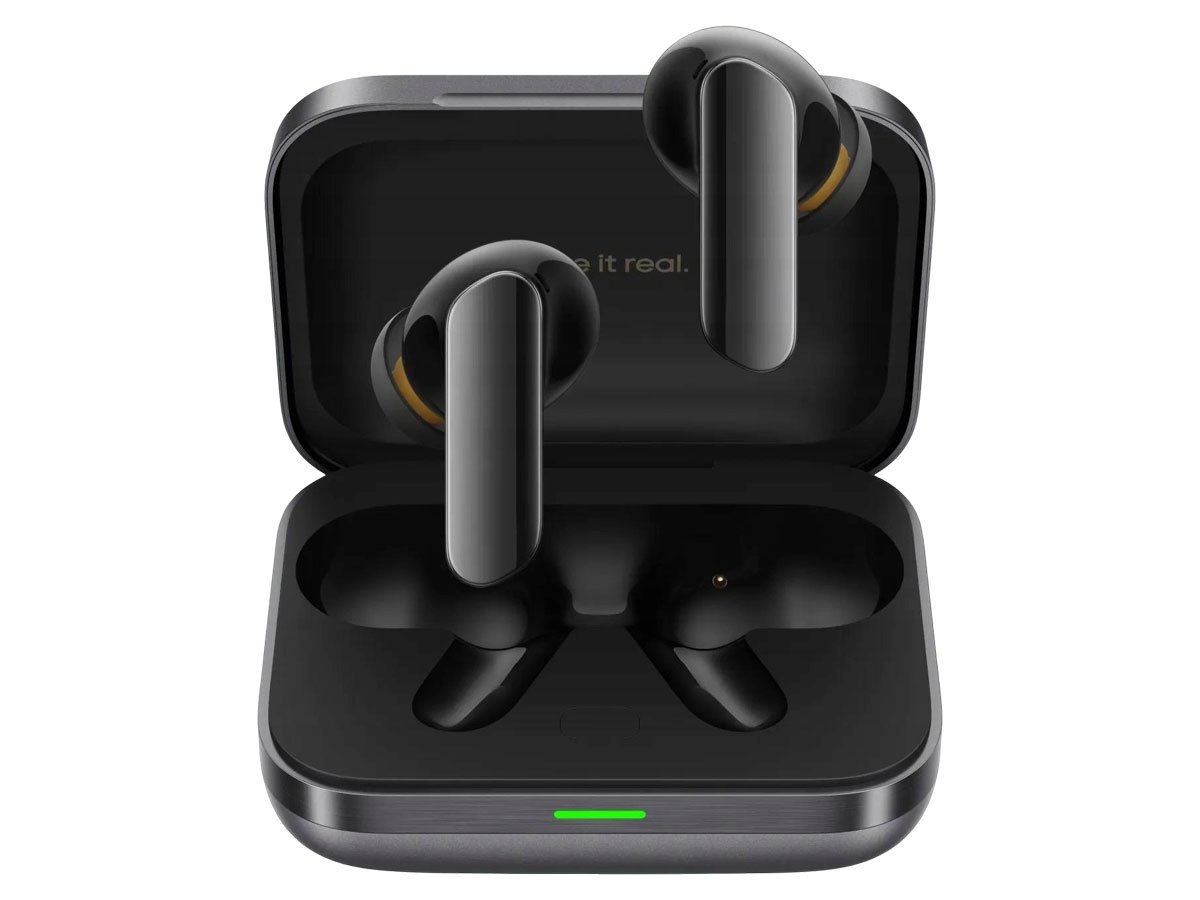 Słuchawki bezprzewodowe realme Buds Air7 Pro Metallic Grey - Widok od przodu wraz z otwartym etui ładującym