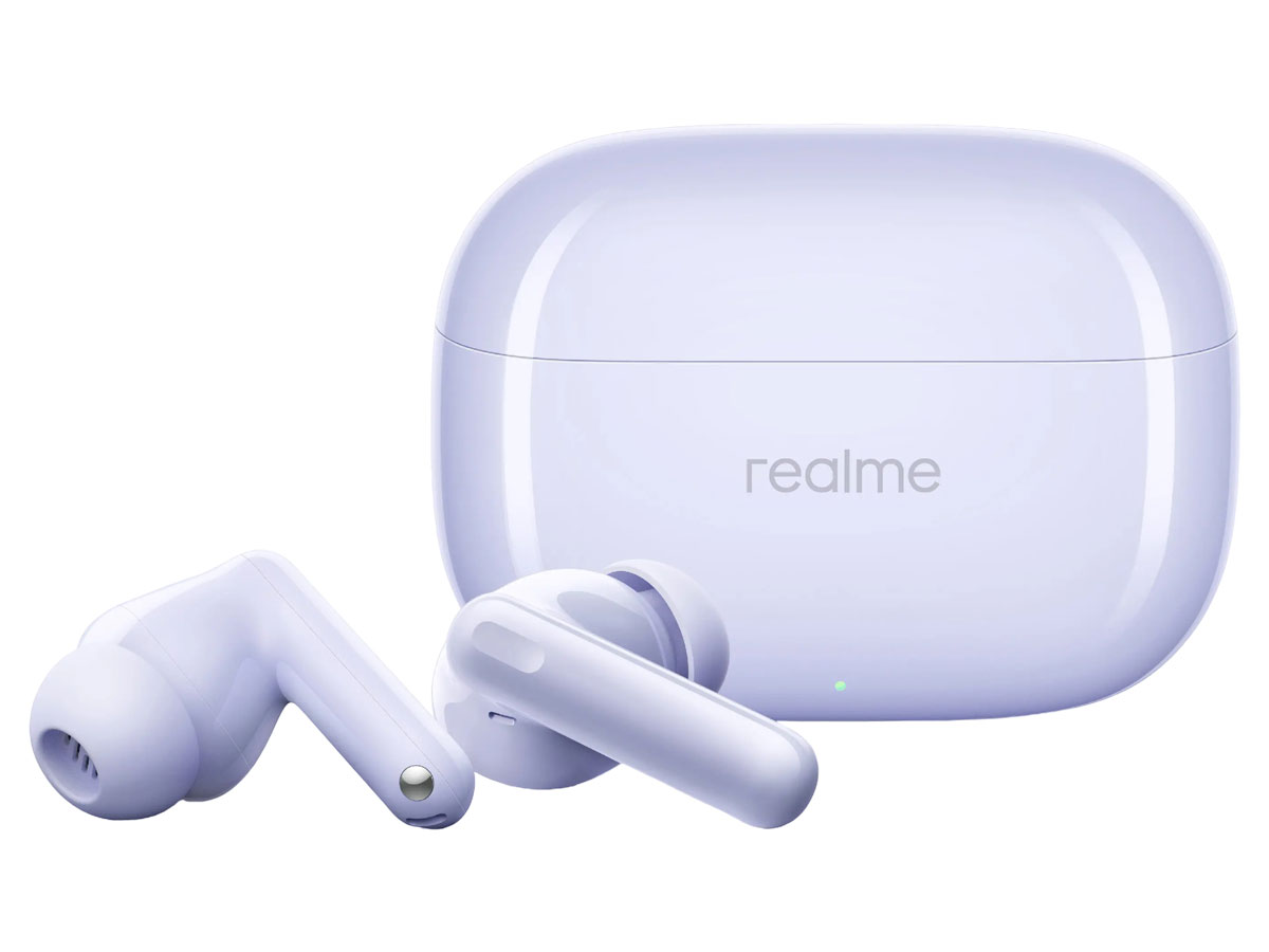 Słuchawki bezprzewodowe realme Buds T310 Monet Purple - Widok ogólny wraz z etui ładującym
