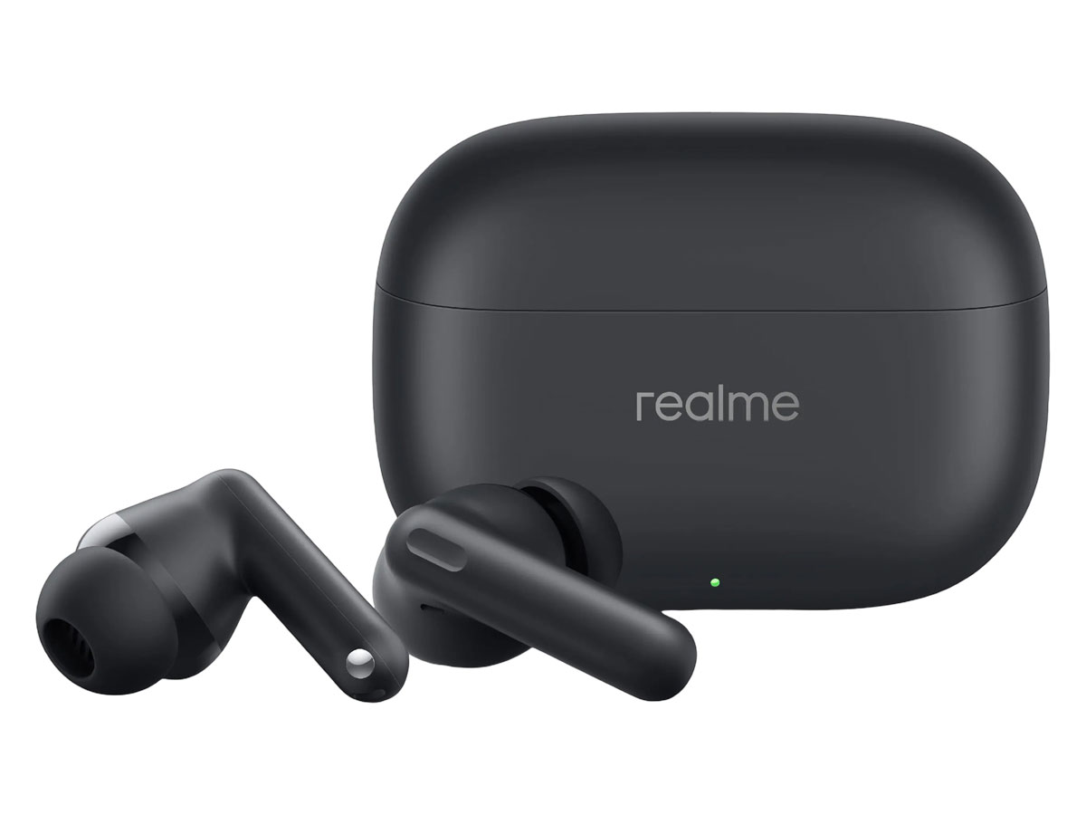 Słuchawki bezprzewodowe realme Buds T310 Vibrant Black - Widok ogólny wraz z etui ładującym
