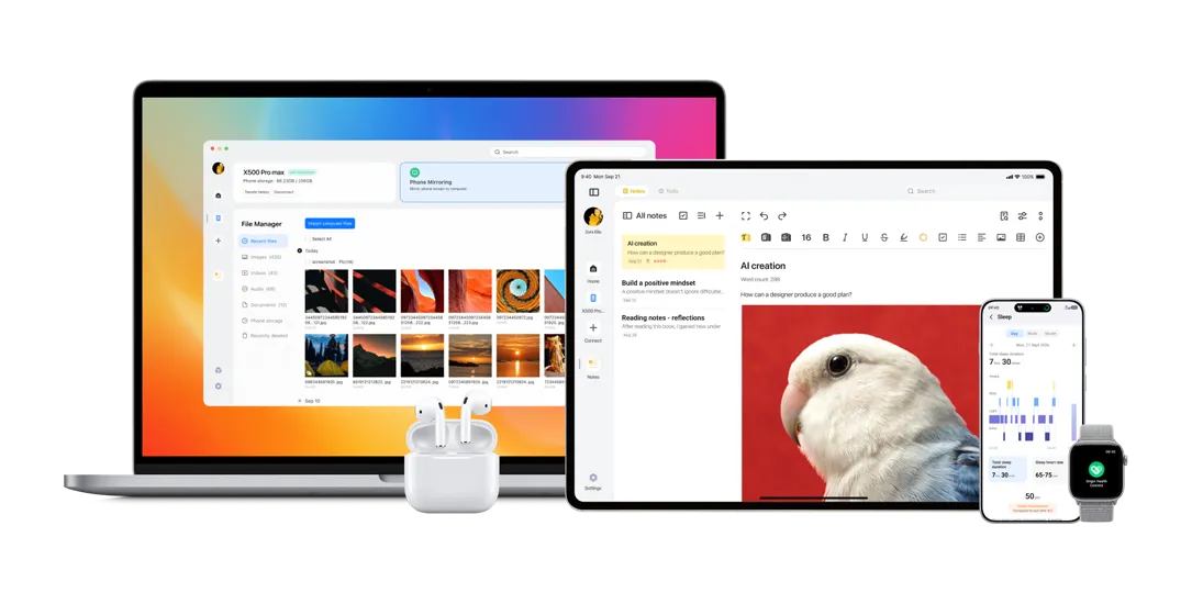 Laptop, tablet z wizerunkiem papugi, smartfon, smartwatch oraz słuchawki bezprzewodowe w etui.